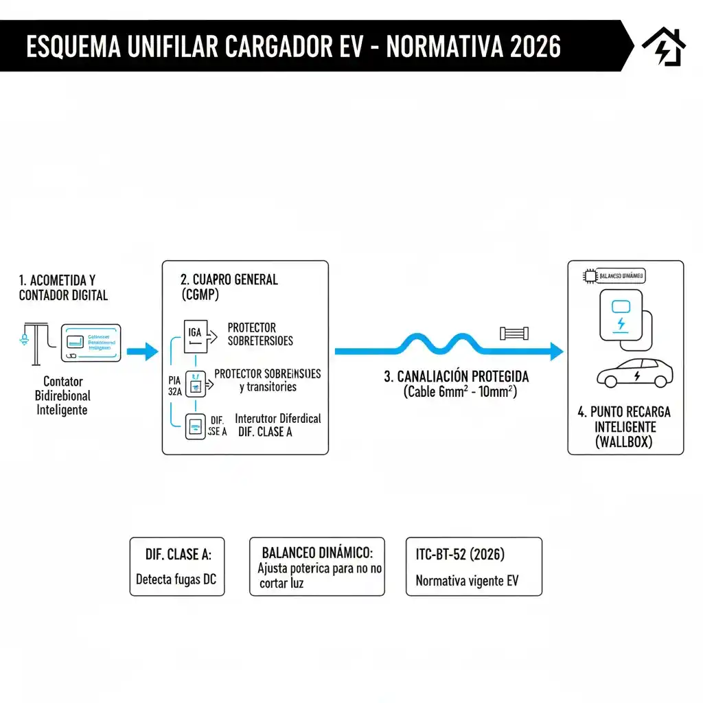 Esquema unifilar detallado para cargador de coche eléctrico en 2026